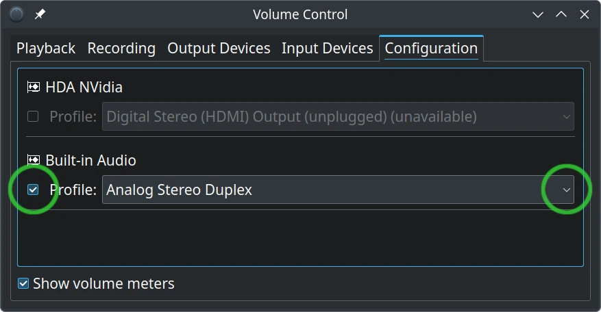 Set Configuration Profile to Analog Stereo Duplex.