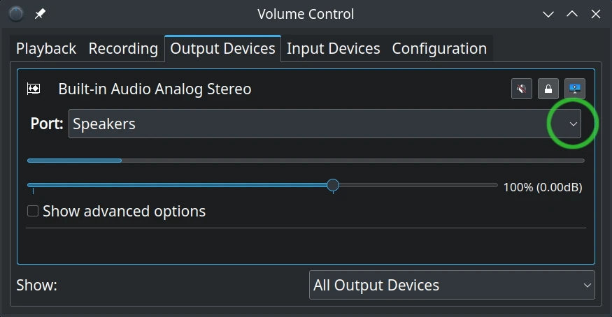 Ensure output device is Speakers.