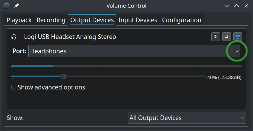 Ensure output device is Headphones.