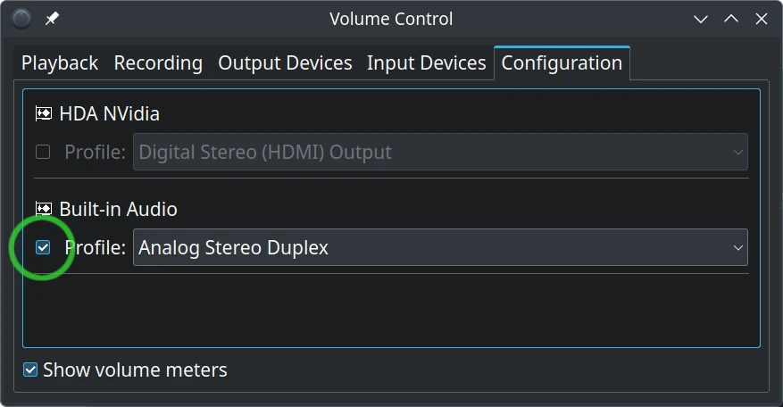 Set Configuration Profile to Analog Stereo Duplex.