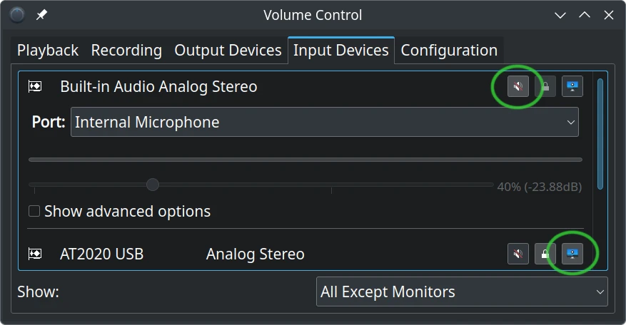 Set microphone as fallback and mute Internal Microphone.