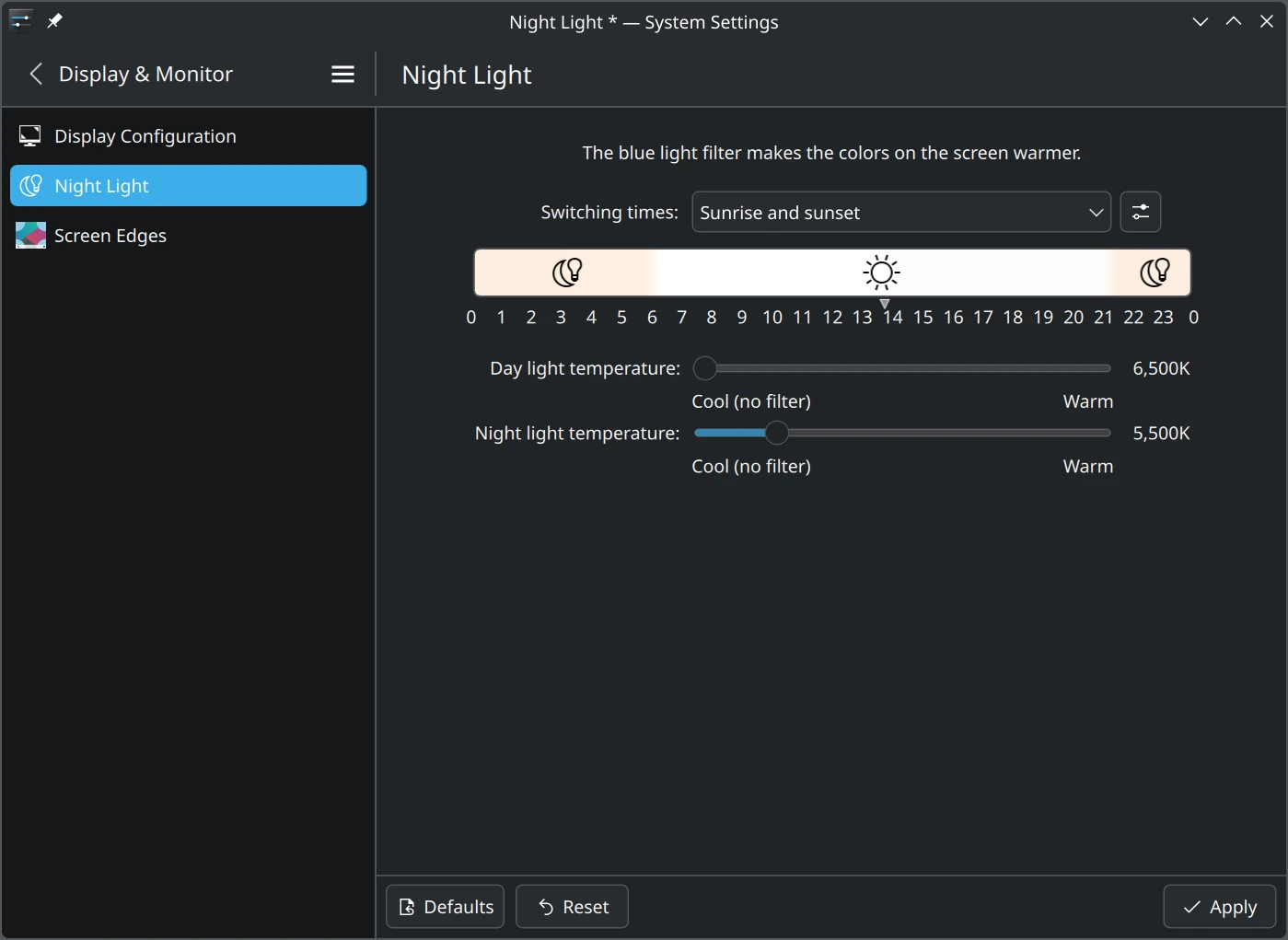 Configure Night Color as appropriate for your location and personal preferences. Configure Night Color as appropriate for your location and personal preferences.