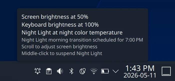 Hover over the Night Color Control icon to see the status. Hover over the Night Color Control icon to see the status.