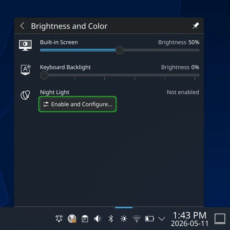 Right-click the Night Color Control icon to configure. Right-click the Night Color Control icon to configure.