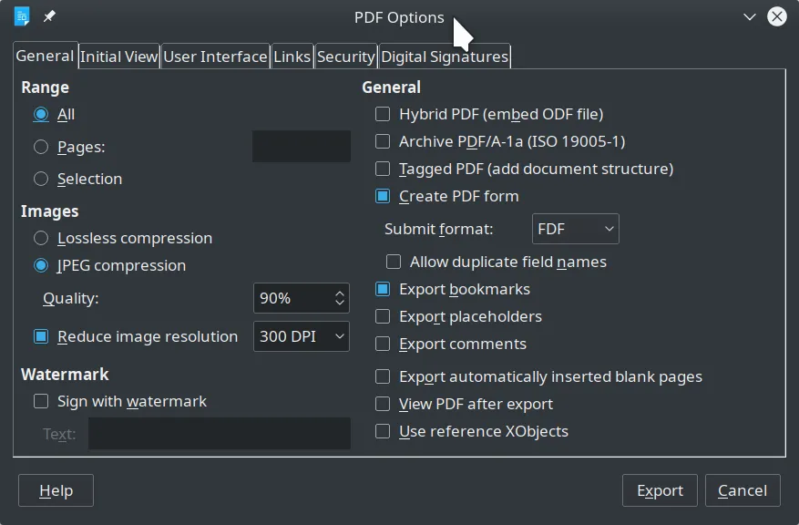 LibreOffice Export PDF with Options