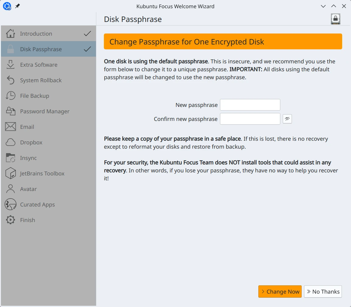 Change the encryption passphrase in the Welcome Wizard.